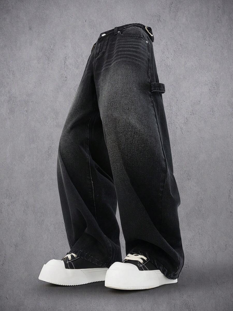 Manfinity Denimwave 男士几何图案口袋直筒休闲牛仔裤,适合外出聚会、通勤、度假、街头、垃圾摇滚风 - 黑色 - 查看 1