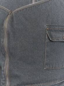 MUSERA 拉链式不对称叠层拼接牛仔飞行员夹克，秋冬街头风，酷炫夜店日常性感缟玛瑙时尚春夏款 - 灰色 - 查看 6