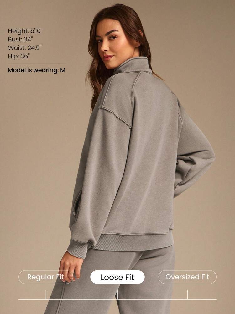 Everyday Fleece Frosted Comfort Soft Warm Acid Wash Relaxed Fit Half-Zip Sweatshirt Autumn Winter Outdoors Daily Casual Wear
