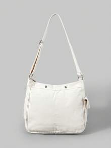 ROMWE Grunge Punk 字母細節托特包Y2K大容量單肩包女士時髦流浪包辦公和購物字母刺繡流浪包中等帆布 - 白色 - 查看 2