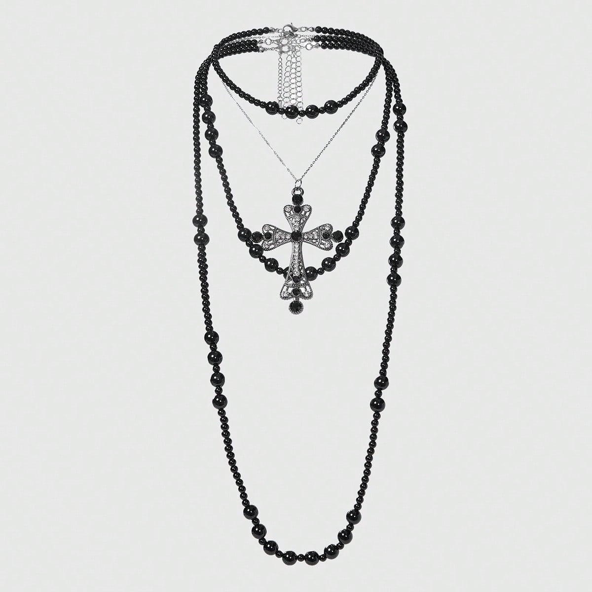 Collar negro de varias capas con perlas negras, rhinestone y colgante de cruz, joyería elegante y sofisticada para hombres y mujeres
