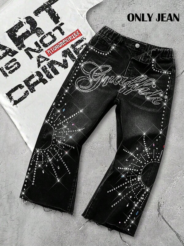 Young Boy Bolty Vintage Street Cool Style Rhinestone Embellished Loose Fit Black Denim Jeans Fall Winter,Casual And Versatile Fall/Winter Dailywear And Streetwear, Halloween And Christmas,New Year,Thanksgiving For Winter Jeans,Winter, Street Jeans, Embroidery, Rhinestone Jeans