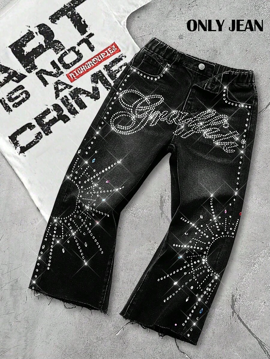Quần jean denim đen dáng rộng đính đá phong cách đường phố cổ điển Young Boy Bolty, Thu Đông, Thường ngày và đa năng Thu/Đông, Trang phục thường ngày và đường phố, Halloween và Giáng Sinh, Năm mới, Lễ Tạ ơn cho Quần jean mùa đông, Mùa đông, Quần jean đường phố, Thêu, Quần jean đính đá - màu đen - Xem 1