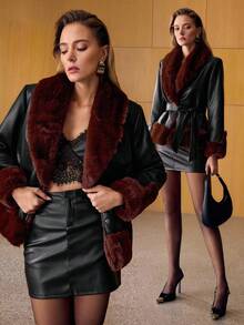 MOTF PREMIUM PU LEATHER CONTRAST FUZZY PANEL SHAWL COLLAR BELTED COAT , FALL WINTER - Black - View 11