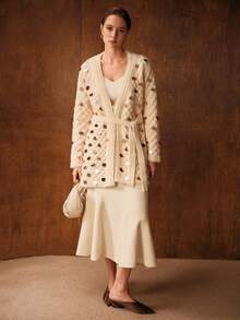 MOTF PREMIUM SEQUIN TEXTURE KNIT BELTED CARDIGAN - Apricot - View 5