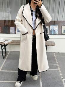 SHEIN EZwear 2025新款秋季女式时尚长袖外套，撞色翻领和口袋设计，适合外出穿搭和街头服饰。 - 杏色 - 查看 5