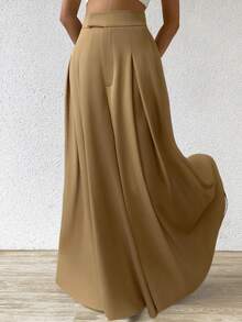 SHEIN EZwear 大码褶裥休闲阔腿裤，春夏款 - 卡其色 - 查看 3