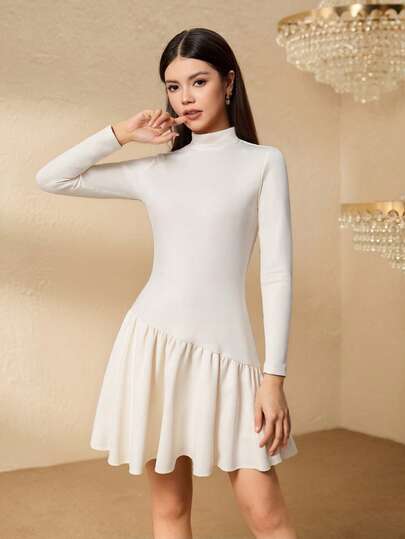 Elegant Minimalist Daily Fashion Turtleneck Dropped Shoulder Long Sleeve Cinched Waist Short Solid Color Dress, Basic Style Dress With Asymmetric Hem Design, Suitable For Teenage Girls In Autumn/Winter