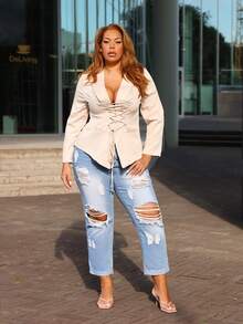 MelDlgn 女士大尺碼時尚高腰破洞牛仔褲 - 淺色水洗藍 - 查看 5