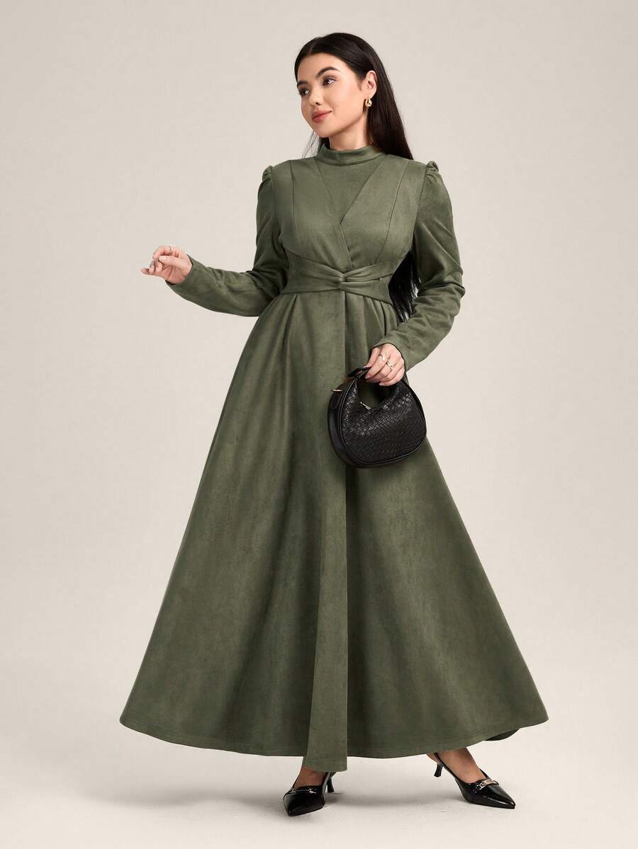 Veilorie Women's Solid Color Stand Collar Long Sleeve Twist Front Elegant Dress - Army Green - View 1