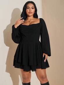 SHEIN Tall CURVE Plus Size Women's Spring/Summer Long Sleeve Daily/Festival/Date/Party Loose Draped Neck Ruched Slit Black Solid A-Line Satin Sweet Sexy Romper For Vacation - Black - View 3