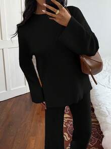 Sunnyshic Women's Solid Color Long Sleeve Sweater And Knitted Pants Set Fall Winter Cloth For Women