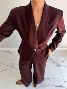 Siren Gaze Women's Solid Color Shawl Collar Long Sleeve Jacket And Wide Leg Pants Casual Suit Set Brown - Rust Brown - View 5