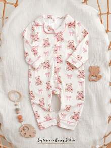 Cozy Pixies Bộ đồ liền thân dài tay dệt kim họa tiết gấu hoạt hình cho bé gái, đa năng và thoải mái - Hồng - Xem 6