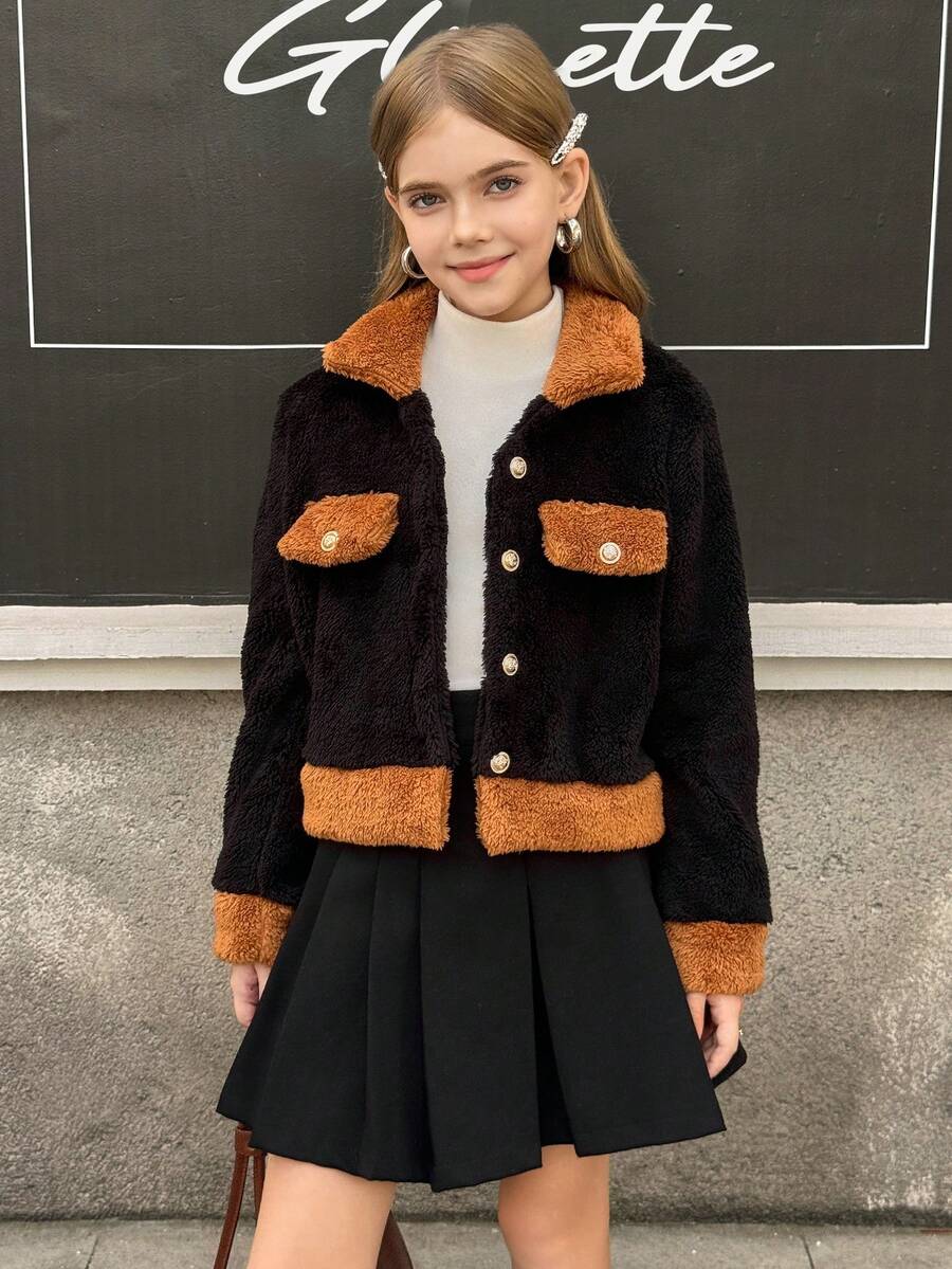 MODELY Tween Girl Girls Plush Jacket, Colorblock Long Sleeve Faux Fur Collar Jacket, Casual Wear For Autumn/Winter - Black - View 1