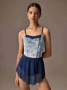 SHEIN 少女海军蓝芭蕾舞紧身衣和裙子套装，修身紧身可调节高端天鹅绒拼接高弹力面料，搭配柔软网眼裙，优雅的芭蕾舞裙 - 藏蓝色 - 查看 1