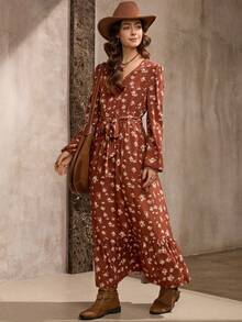 Wildy 美式休闲复古碎花长袖连衣裙，女士日常基本款穿搭，秋冬款 - 彩色 - 查看 5