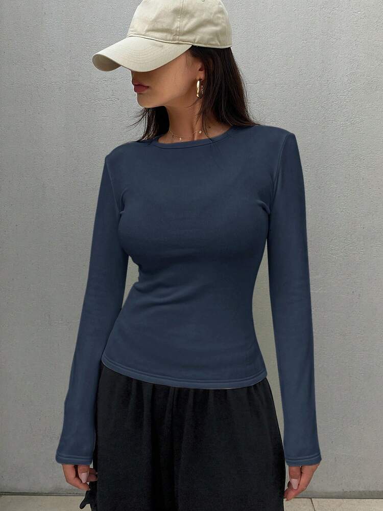 FRIFUL Camiseta de manga larga ajustada con forro térmico de unicolor simple para uso diario y casual de mujer, otoño/invierno - Neblina azul - Añade 5