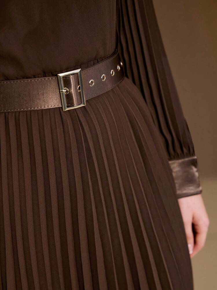 SOLID MOCK NECK LANTERN SLEEVE PLEATED BUCKLE BELTED SHORT DRESS