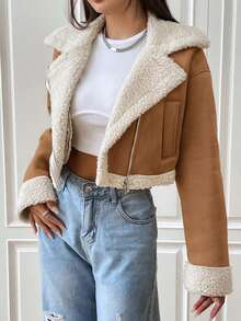 SHEIN EZwear Women's Woven Biker Jacket With Color Block And Turn-Down Collar,Ladies Late Fall Casual Zipper Regular Sleeve Lapel Loose Mocha Brown Colorblock,Plain Women Jackets,Winter Warmth/ Winter Fashion - Mocha Brown - View 6