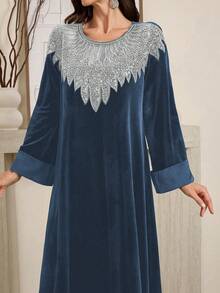 Al Najma Women's Splice Sequin Mesh Crew Neck Long Sleeve Loose Elegant Dress, Modest Elegant Kaftan Arabian Dresses, For Evening Party/Wedding Guest/Anniversary - Blue - View 1