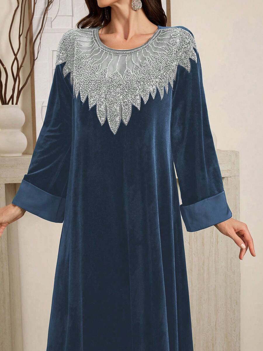 Al Najma Women's Splice Sequin Mesh Crew Neck Long Sleeve Loose Elegant Dress, Modest Elegant Kaftan Arabian Dresses, For Evening Party/Wedding Guest/Anniversary - Blue - View 1