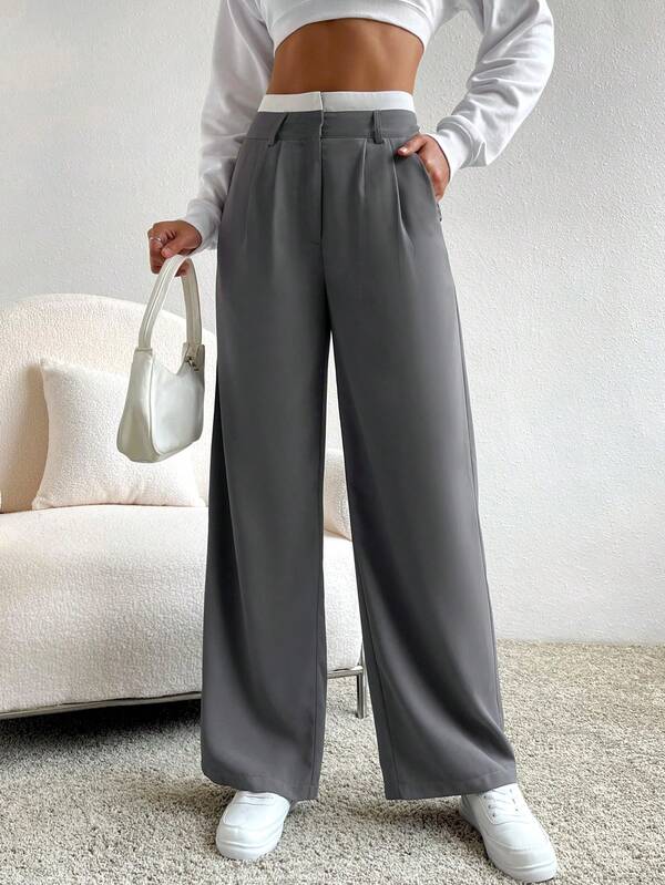 SHEIN EZwear 春季连衣裙裤 高腰褶裥细节阔腿西装裤 秋冬季