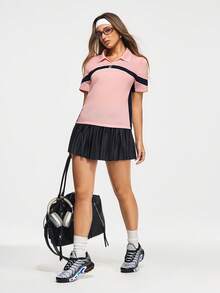 SHEIN Sovereign Charm Camisa polo deportiva de mujer con bloques de color rosa y azul marino, top deportivo de manga corta, ropa deportiva casual de golf y tenis, tenis rosa, tops de tenis, camisa de tenis - Rosa - Ver 6