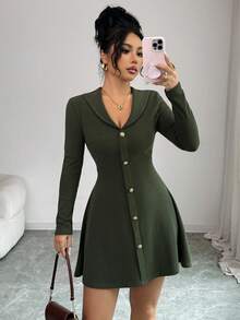 Selianne Women's Autumn New Knitted Long Sleeve Sexy Ribbed Dress - Dark Green - View 2