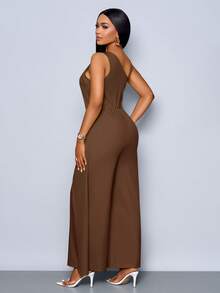 SOLERSUN Mono de pierna ancha con abertura, sin mangas y de un solo hombro, de moda para mujer en primavera y verano - Café integral - Ver 2