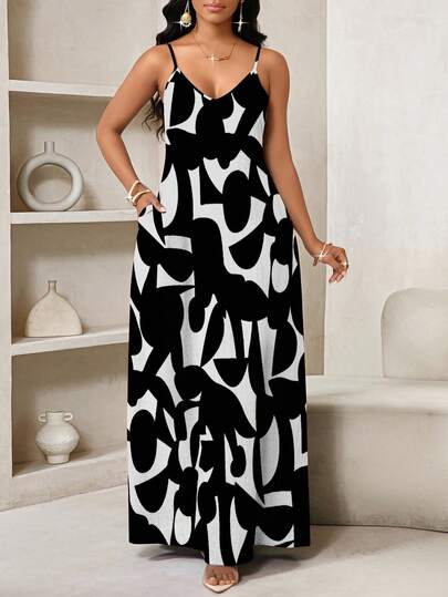 SHEIN Lady Geometric Print, Long Slip Dress Suitable For Everyday Casual Sexy Tropical Wear Vacation Black And White Summer