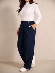 Elaquor Plus Size Casual Versatile Loose Pants Navy Blue Old Money Office