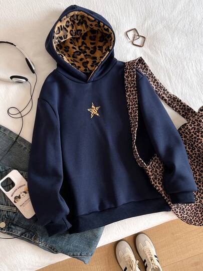 SHEIN Vêtements d'automne en polaire pour adolescentes, bonnet décontracté imprimé léopard doublé thermique, école et sweats, automne, hiver, tenue, confortable, manches longues
