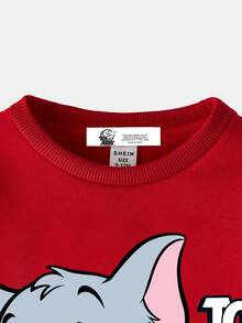TOM & JERRY X SHEIN Baby Boy Casual Cartoon Cat & Letter Print Crew Neck Red Sweatshirt, Autumn - Red - View 3
