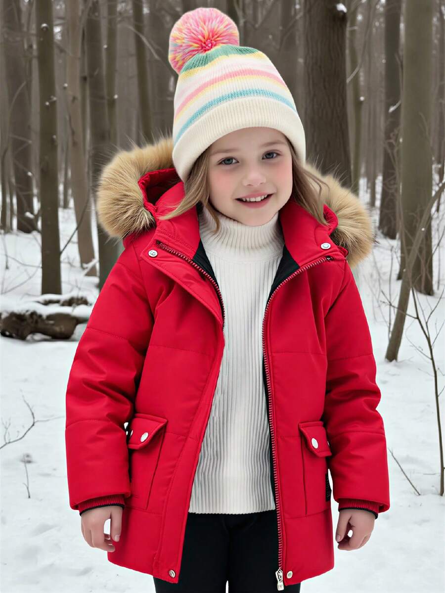 1pc Girls' Fashionable Red Hooded Soft Padded Coat,Suitable For Autumn/Winter Outdoor School Photography Outings,Versatile Must-Have Warm Outerwear - Red - View 1