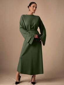 EURMUSE Elegant Commuter Solid Color Bell Sleeve Dress - Army Green - View 4