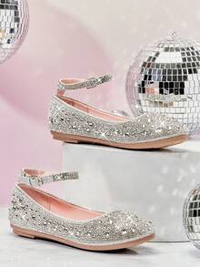 Mini mi Bailarinas rosas con tira de tobillo y aplicaciones de strass, con plantilla de espuma viscoelástica, para un look de princesa con destellos de diferentes tamaños para niñas - Plateado - Ver 2