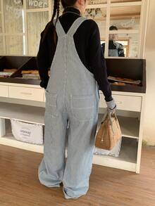 Dazy Plus 时尚条纹宽松休闲背带裤，带口袋，大码女式长款牛仔连体裤 - 藍色 - 查看 2