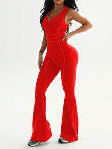 Dewbera 1pc Women's Front Zipper V-Neck Striped Drawstring Waist Backless Sleeveless Gymnastics Dance Yoga Workout Jumpsuit Bodycon Jumpsuit - Red - View 5