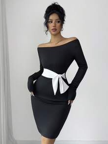 Rafferiza Váy midi trễ vai phối màu thanh lịch và tinh tế dành cho nữ, phong cách cao cấp, Thu/Đông - Đen và trắng - Xem 2