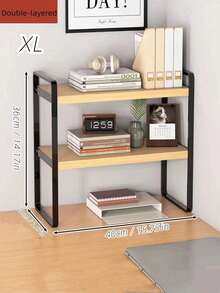 SHEIN 1pc Wood & Metal Multi-Tier Desktop Organizer Rack, Bookshelf For Students, Office Computer Display Shelf