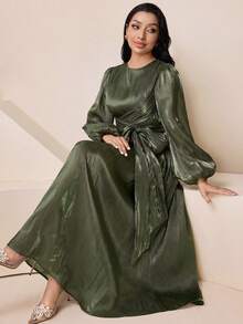 Veilorie Vestidos Longos Árabes para Mulheres com Mangas Longas, Tecido Brilhante, Elegante, Floral 3D e Cruzado