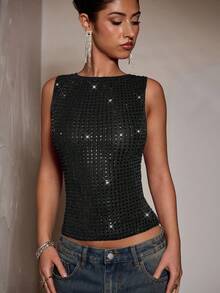 SHEIN BAE Autumn Solid Wine Red Rhinestone Crystal Sleeveless Tight Elegant Ladies' Tank Top, Suitable For Party, Nightclub, Cocktail Party, Banquet, Going Out At Night, Ball, Date, Autumn/Winter Layering - Black - View 6