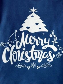 SHEIN 1 Conjunto de pijamas ajustados para niño con motivo navideño, parte superior de manga larga con gráfico de árbol de Navidad y texto "Feliz Navidad", Bottom a juego de unicolor con estampado de árbol de Navidad y copos de nieve, conjunto de ropa de dormir suave y cómoda - Multicolor - Ver 6