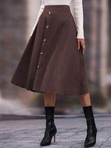 SHEIN LUNE 纯色纽扣装饰休闲高腰时尚半身裙 - 咖啡棕 - 查看 5