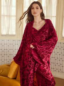 MOTF PREMIUM JACQUARD SATIN ELEGANT SELF-TIE LONG ROBE - Red - View 4