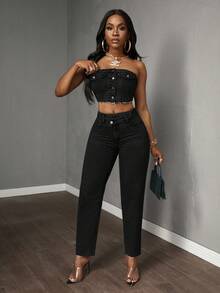 SHEIN Tall CURVE Plus Size Casual Asymmetric Waist Tapered Washed Denim Jeans - Black - View 6
