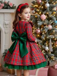 Glamorique Kids 1 pezzo Vestito da principessa per bambine, con collo rotondo, maniche a sbuffo, orlo arricciato, in tessuto a quadri rosso e verde, con fiocco in raso in vita, adatto per feste di compleanno, Natale e altre occasioni