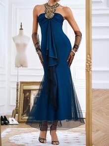 Almamuse Vacation Style Ruched Halter Dress For Women - Blue - View 3