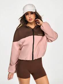 SHEIN Sports 女士字母印花撞色拉链连帽休闲运动夹克 - 粉色 - 查看 4
